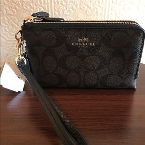 Coach double zipper wallet wristlet, brown, NWT